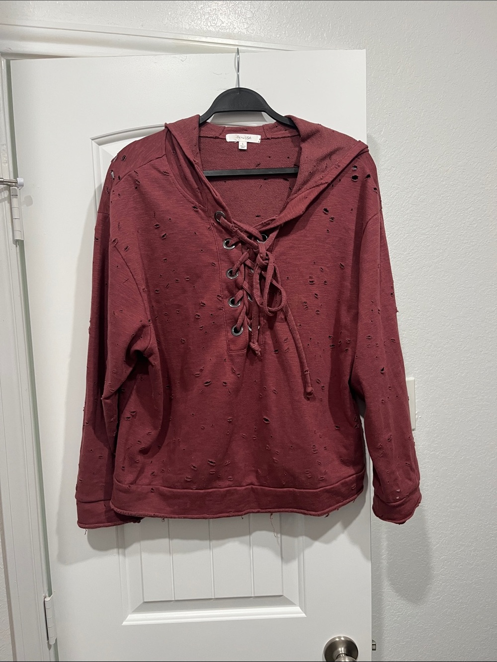 Active USA Distressed Lace-Up Hoodie in Burgundy